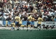 1970 World Cup Final, Mexico City, Mexico 21st June, 1970. Brazil 4 v Italy 1. Brazil's Jairzinho celebrates scoring his country's third goal with teammates L-R: Rivelino, Pele, Clodoaldo and Tostao.